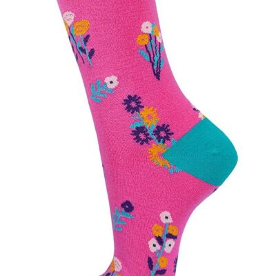 Womens Bamboo Socks Floral Print Ankle Sock Wild Flowers Pink