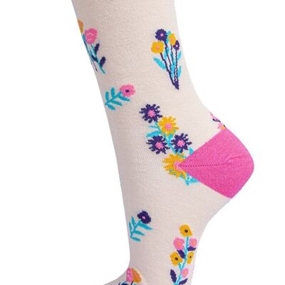 Damen-Socken aus Bambus, Blumensocken, Wildblumen, Rosa