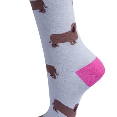 Calcetines tobilleros de bambú para mujer, diseño de perro salchicha, color gris y rosa intenso