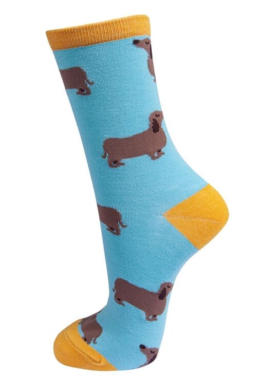 Womens Bamboo Dog Socks Dachshund Sausage Dog Ankle Socks Blue