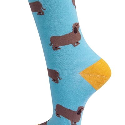 Womens Bamboo Dog Socks Dachshund Sausage Dog Ankle Socks Blue