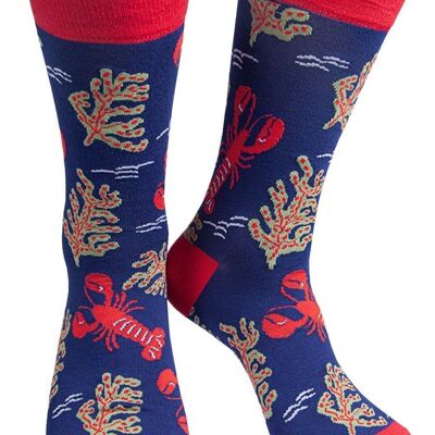 Calcetines de bambú para hombre Langostas rojas Calcetines de animales del océano Azul marino