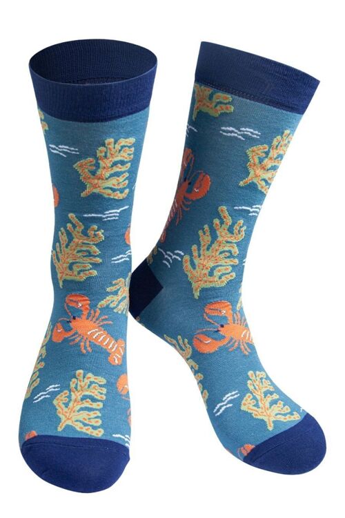 Mens Bamboo Socks Red Lobsters Ocean Animal Socks Blue