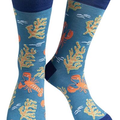 Mens Bamboo Socks Red Lobsters Ocean Animal Socks Blue