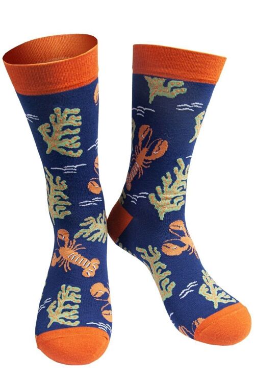 Mens Bamboo Socks Red Lobsters Ocean Animal Socks Navy Blue Orange