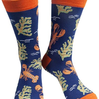 Calcetines de bambú para hombre Langostas rojas Calcetines de animales del océano Azul marino Naranja