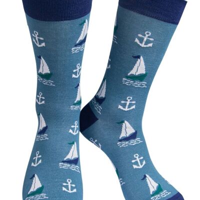 Herren-Socken aus Bambus, nautische Socken, Segelboote, Anker, Marineblau