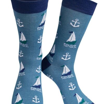 Mens Bamboo Socks Nautical Socks Sailing Boats Anchors Navy Blue