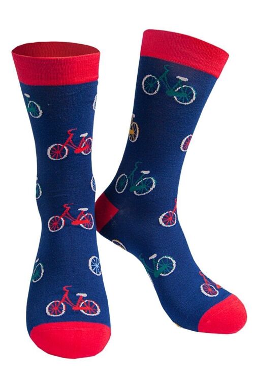 Mens Bamboo Cycling Socks Bicycle Print Novelty Socks Navy Blue