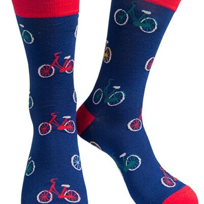 Chaussettes de cyclisme en bambou pour hommes, chaussettes fantaisie à imprimé vélo, bleu marine