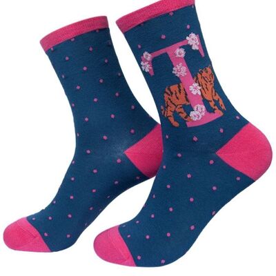 Damen-Socken aus Bambus-Alphabet mit Initiale T, Neuheit, Söckchen mit Blumenmuster und Tiermotiv