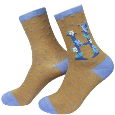 Calcetines de bambú con alfabeto para mujer, con inicial H, novedad, calcetines tobilleros con animales florales