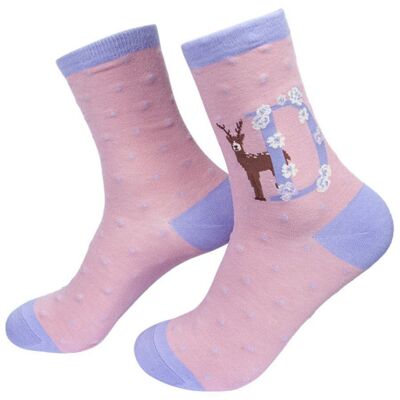 Calcetines de bambú para mujer con alfabeto inicial D novedad floral calcetines tobilleros de animales