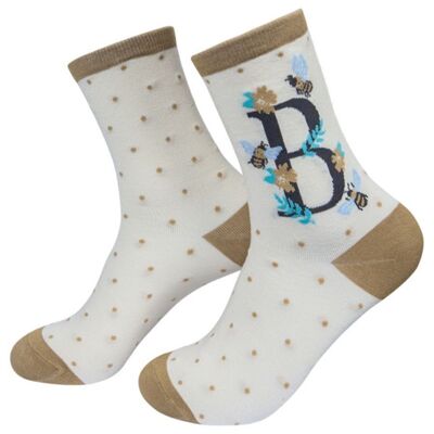 Damen Bambus-Alphabet-Socken mit Initiale B, Neuheit, florale Bienen-Söckchen