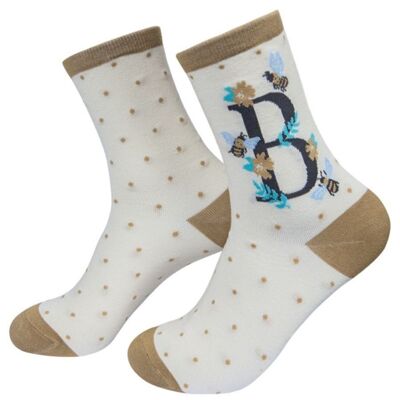 Calcetines de bambú para mujer con alfabeto inicial B, novedad, calcetines tobilleros florales con abejas