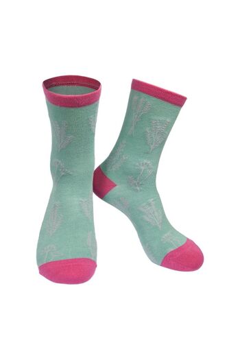 Chaussettes en bambou pour femmes, chaussettes à fleurs, fleurs sauvages, vert, rose