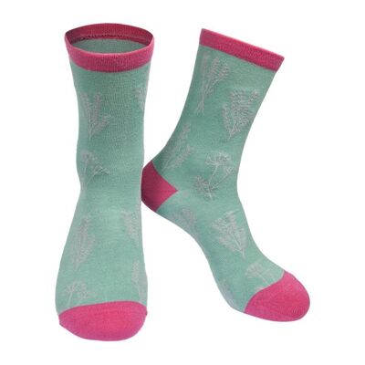 Womens Bamboo Socks Floral Ankle Socks Wild Flowers Green Pink