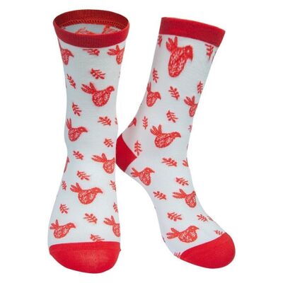 Chaussettes En Bambou Femme Chaussettes De Noël Scandi Bird Blanc Rouge