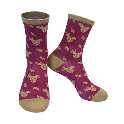 Calcetines de bambú para mujer Calcetines tobilleros navideños Scandi Bird Rosa