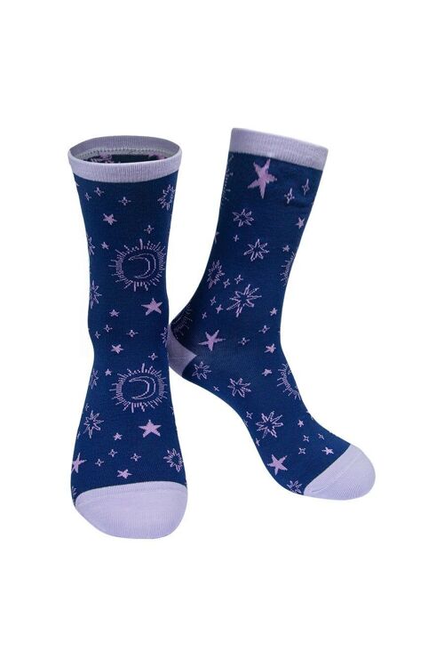 Womens Bamboo Star Sock Celestial Print Stars Moons Ankle Socks Navy Blue