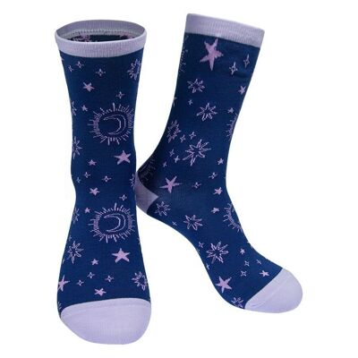 Calcetines Tobillero Mujer Bamboo Star Sock Estampado Celestial Estrellas Lunas Azul Marino