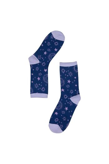 Chaussettes Femme Bambou Étoiles Imprimé Céleste Étoiles Lunes Socquettes Bleu Marine 2