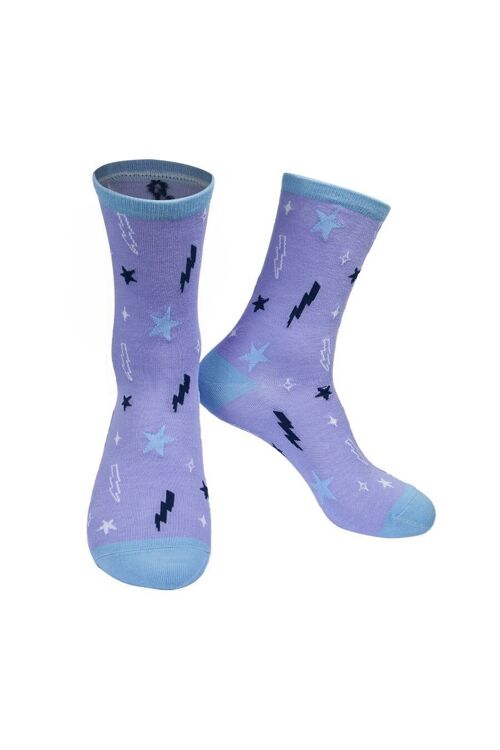 Womens Bamboo Star Sock Lightning Bolt Celestial Ankle Socks Blue Lilac