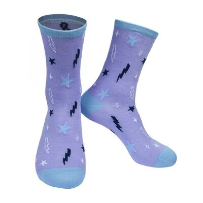 Womens Bamboo Star Sock Lightning Bolt Celestial Ankle Socks Blue Lilac