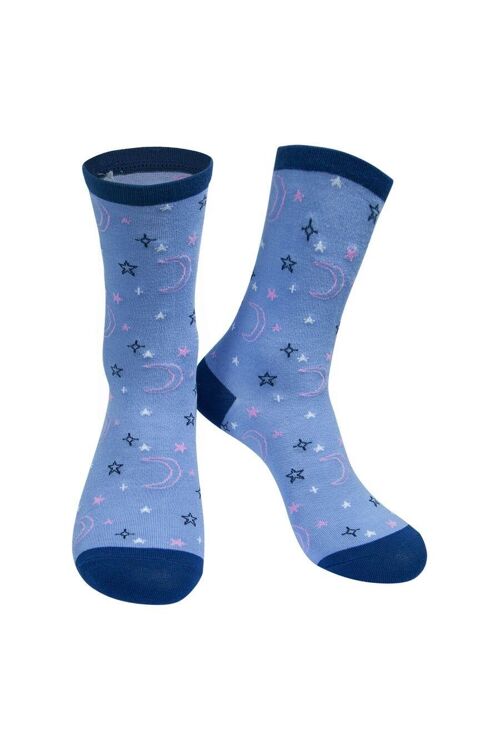 Womens Bamboo Star Socks Celestial Print Stars Moon Ankle Socks Blue