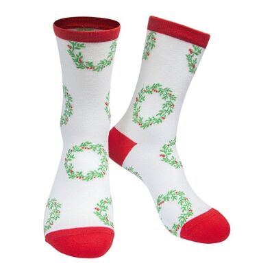 Damen Bambus-Weihnachtskranz-Socken, Weihnachtssocken mit Blumenmuster, weiß