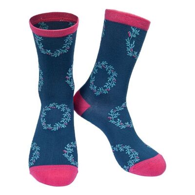 Calcetines de bambú con corona navideña para mujer, calcetines tobilleros florales navideños, color azul