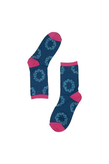 Chaussettes de couronne de Noël en bambou pour femmes, chaussettes de cheville fantaisie florales de noël, bleues 2