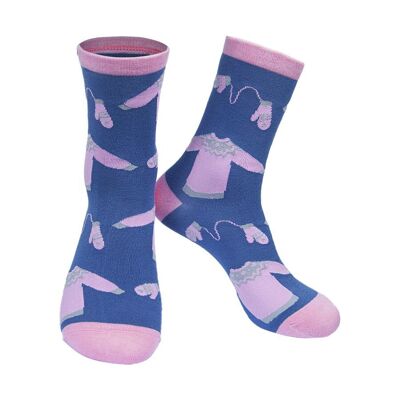 Calcetines navideños de bambú para mujer, jersey navideño, calcetines tobilleros novedosos, azul y rosa