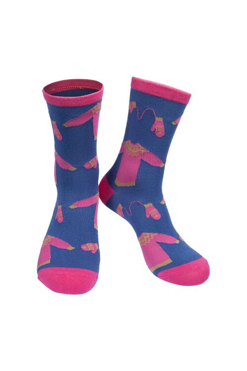 Womens Bamboo Christmas Socks Xmas Jumper Novelty Ankle Socks Blue Pink