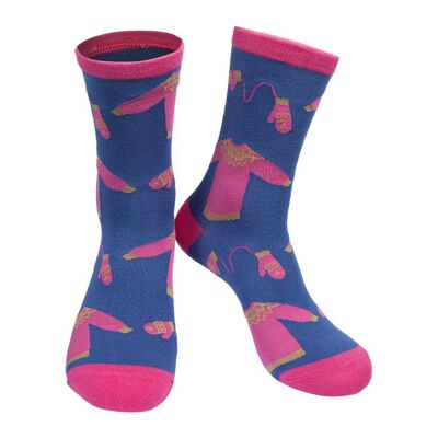 Womens Bamboo Christmas Socks Xmas Jumper Novelty Ankle Socks Blue Pink