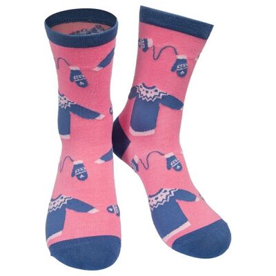 Chaussettes de Noël en bambou pour femme - Chaussettes fantaisie - Rose