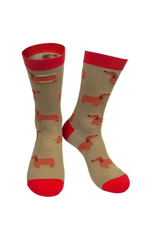 Mens Bamboo Dog Socks Dachshund Sausage Dog Novelty Dress Socks Mustard