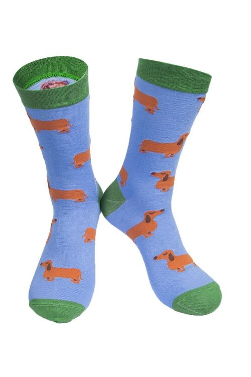 Mens Bamboo Dog Socks Dachshund Sausage Dog Novelty Dress Socks Blue Green