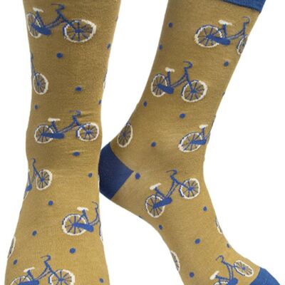 Mens Bamboo Cycling Socks Bicycle Print Novelty Sock Mustard