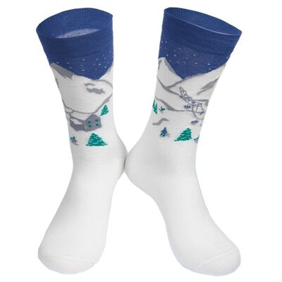Calcetines de esquí de bambú para hombre Calcetines navideños de montañas nevadas Blanco