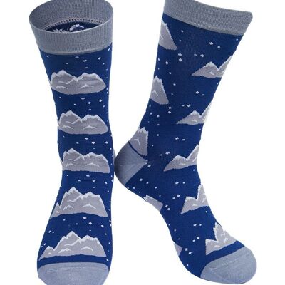 Mens Bamboo Socks Snowy Mountains Christmas Socks in Blue
