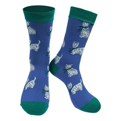 Mens Bamboo Dog Socks Scottie Dog West Highland Terrier Novelty Socks Blue
