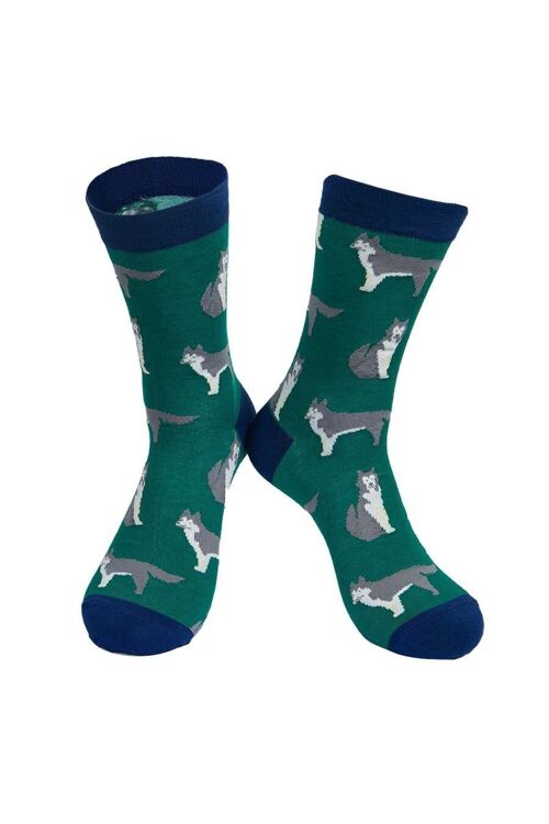 Mens Bamboo Dog Socks Siberian Husky Huskies Novelty Socks Green
