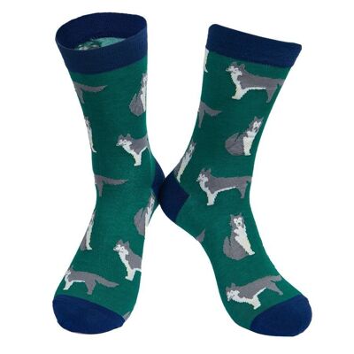 Mens Bamboo Dog Socks Siberian Husky Huskies Novelty Socks Green