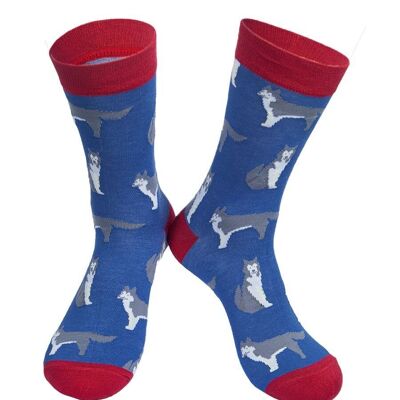 Mens Bamboo Dog Socks Siberian Husky Huskies Novelty Socks Blue