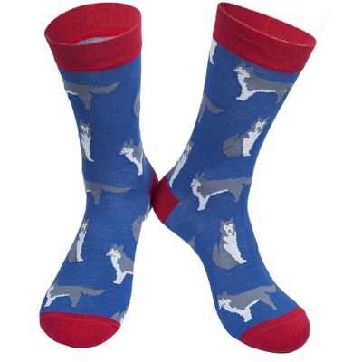 Mens Bamboo Dog Socks Siberian Husky Huskies Novelty Socks Blue