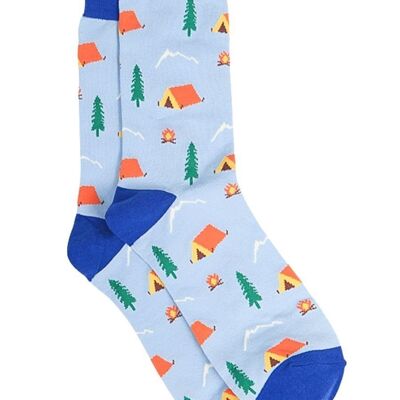 Mens Bamboo Camping Socks Novelty Dress Socks Campsite Tent Blue