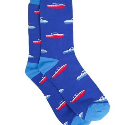 Mens Bamboo Socks Speedboats Boating Nautical Novelty Dress Socks Blue