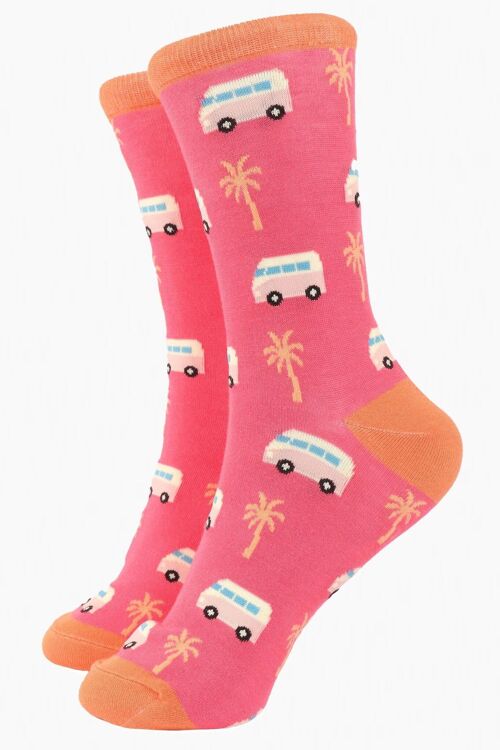 Womens Bamboo Socks Palm Tree Camping Novelty Summer Socks Pink