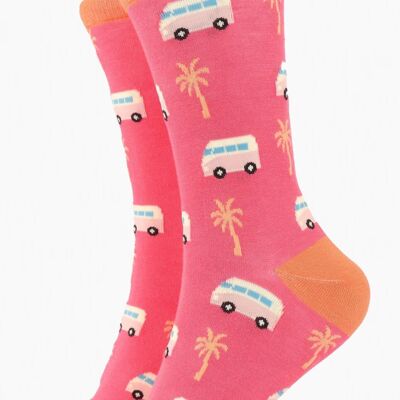 Womens Bamboo Socks Palm Tree Camping Novelty Summer Socks Pink
